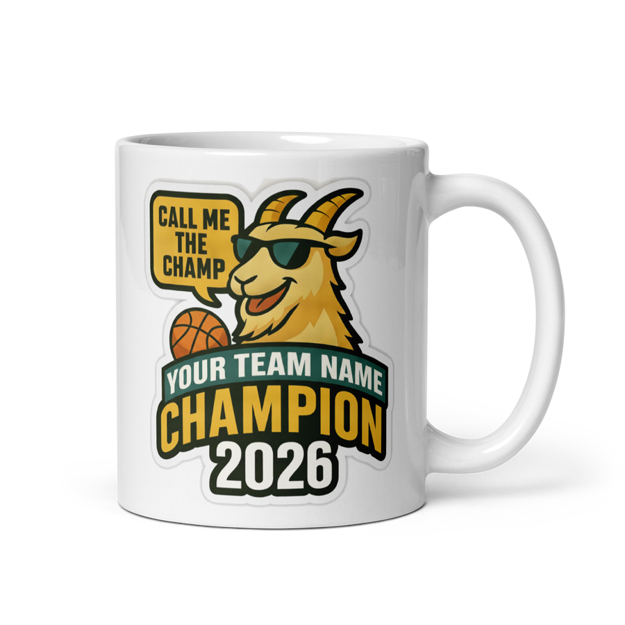 Basketball GOAT Champion Mug, Personalized Fantasy Basketball Trophy Gift, Custom Team Name, 11oz & 15oz White Ceramic