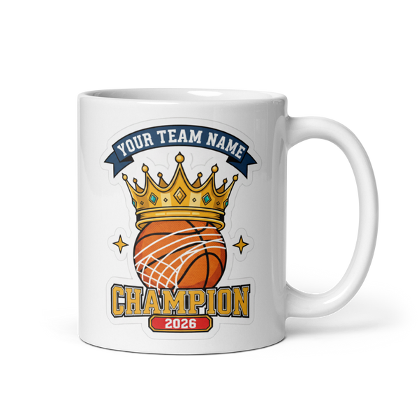 Crowned Basketball Champion personalized 11oz white mug, personalized team name side, handle on right