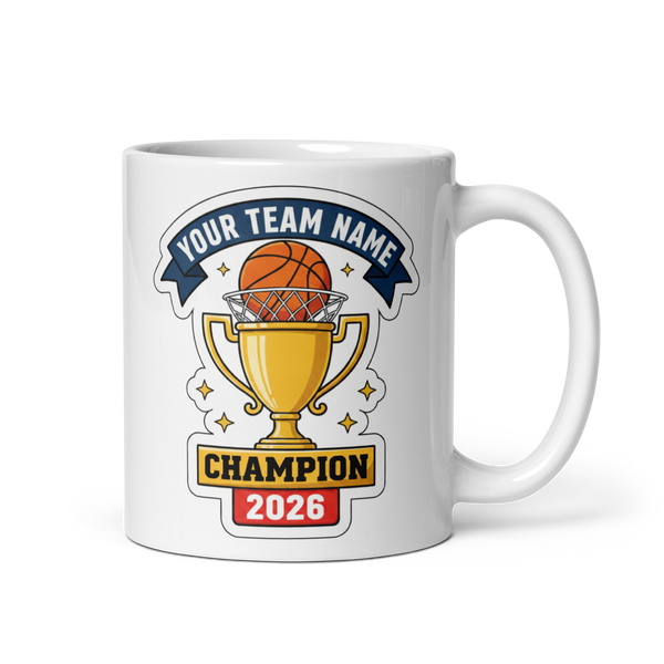 Trophy Basketball Champion personalized 11oz white mug, personalized team name side, handle on right