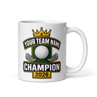 Crown Golf Champion Mug, Personalized Fantasy Golf Trophy Gift, Custom Team Name, 11oz & 15oz White Ceramic