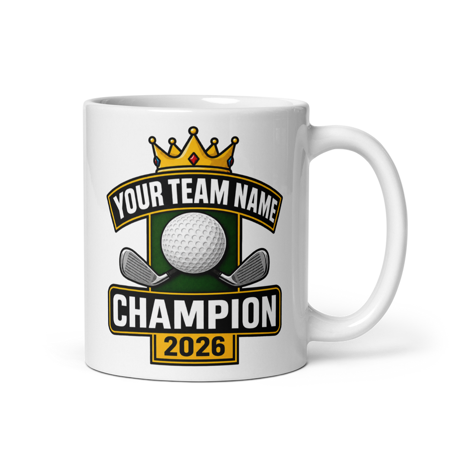 Crown Golf Champion Mug, Personalized Fantasy Golf Trophy Gift, Custom Team Name, 11oz & 15oz White Ceramic