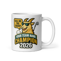 Golf GOAT Champion Mug, Personalized Fantasy Golf Trophy Gift, Custom Team Name, 11oz & 15oz White Ceramic