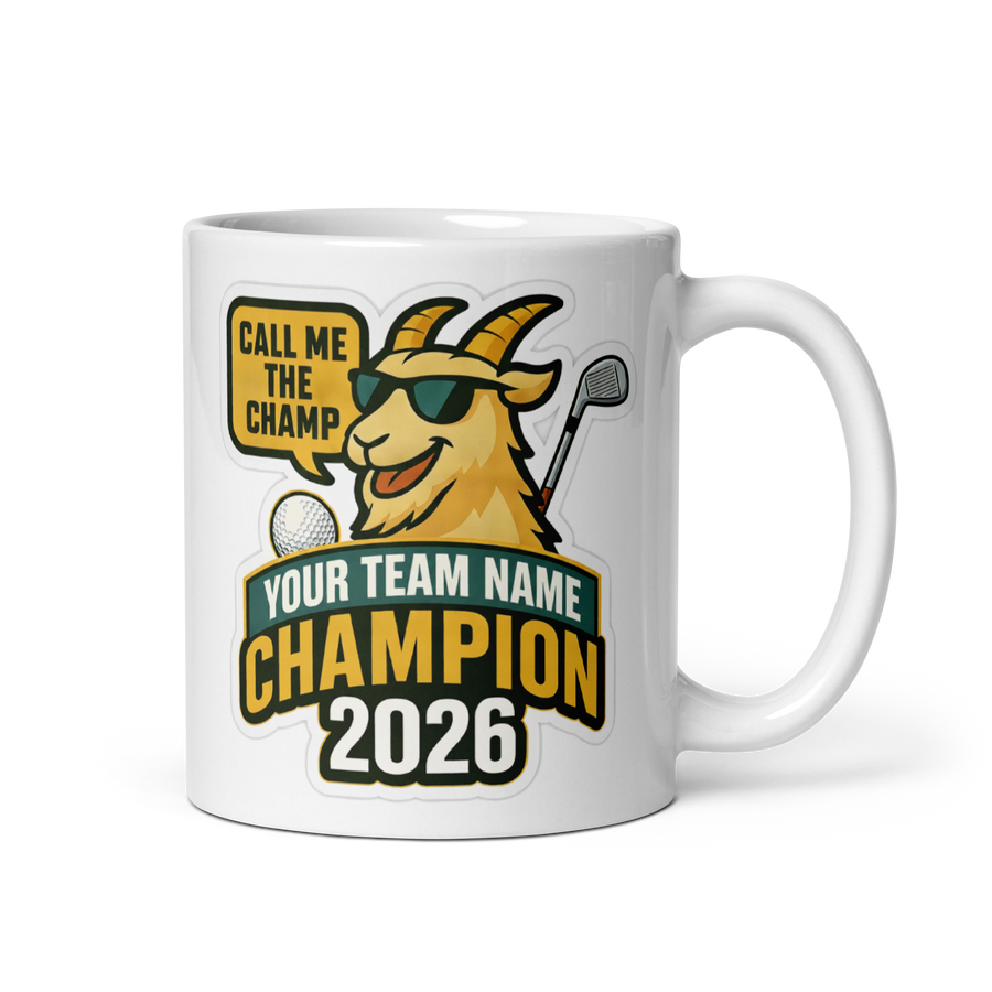 Golf GOAT Champion Mug, Personalized Fantasy Golf Trophy Gift, Custom Team Name, 11oz & 15oz White Ceramic
