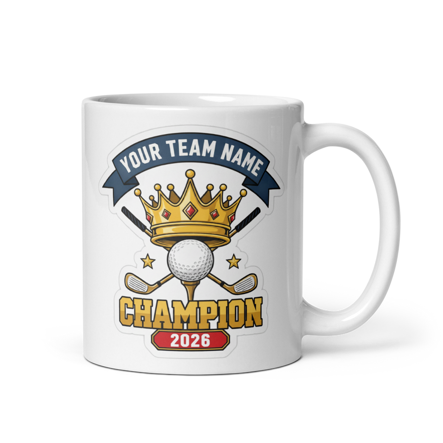 Crowned Golf Champion Mug, Personalized Fantasy Golf Trophy Gift, Custom Team Name, 11oz & 15oz White Ceramic
