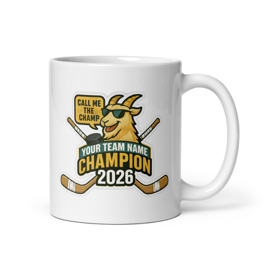 Hockey GOAT Champion Mug, Personalized Fantasy Hockey Trophy Gift, Custom Team Name, 11oz & 15oz White Ceramic