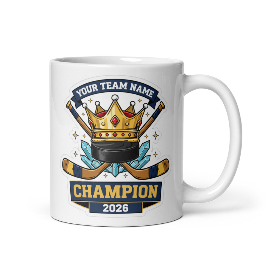 Crowned Hockey Champion Mug, Personalized Fantasy Hockey Trophy Gift, Custom Team Name, 11oz & 15oz White Ceramic