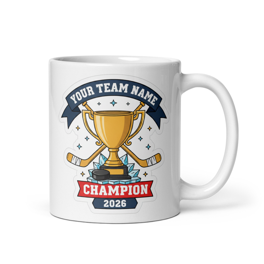 Trophy Hockey Champion Mug, Personalized Fantasy Hockey Trophy Gift, Custom Team Name, 11oz & 15oz White Ceramic