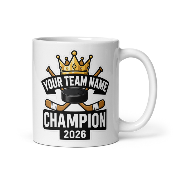 Crown fantasy hockey champion mug 11oz, personalized team name side, handle on right