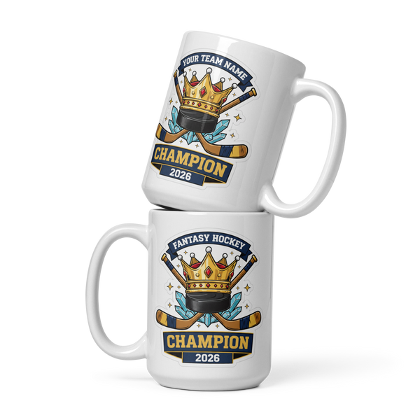 Crowned fantasy hockey champion mug 15oz, front view