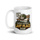 Benched By October Last Place personalized fantasy football loser mug, white glossy 15oz, handle on left