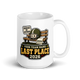Benched By October Last Place personalized fantasy football loser mug, white glossy 15oz, personalized team name side, handle on right