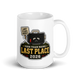 Last Place Energy personalized fantasy football loser mug, white glossy 15oz, personalized team name side, handle on right