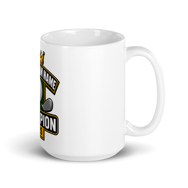 Crown Golf Champion Mug 15oz, personalized team name side, handle on right