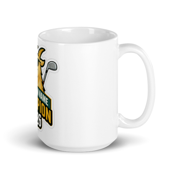 Golf GOAT Champion Mug 15oz, personalized team name side, handle on right