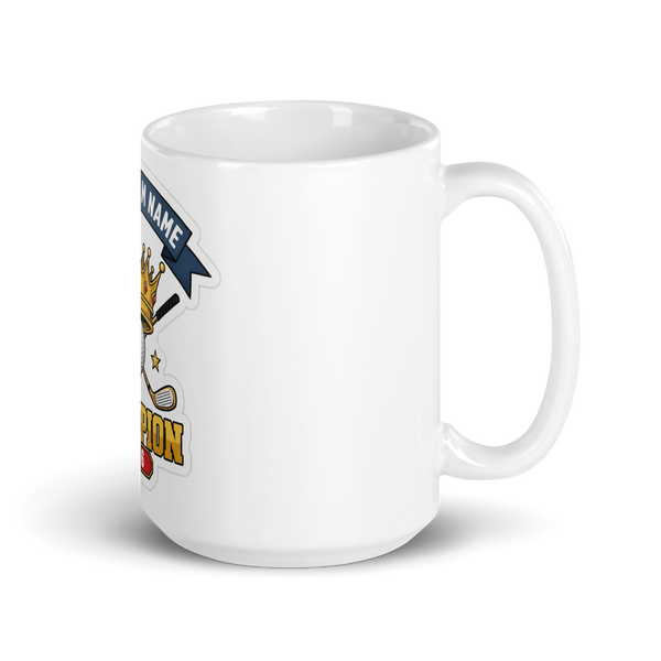 Crowned Golf Champion Mug 15oz, personalized team name side, handle on right