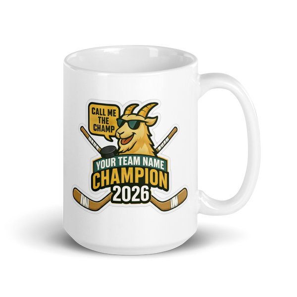 GOAT fantasy hockey champion mug 15oz, personalized team name side, handle on right